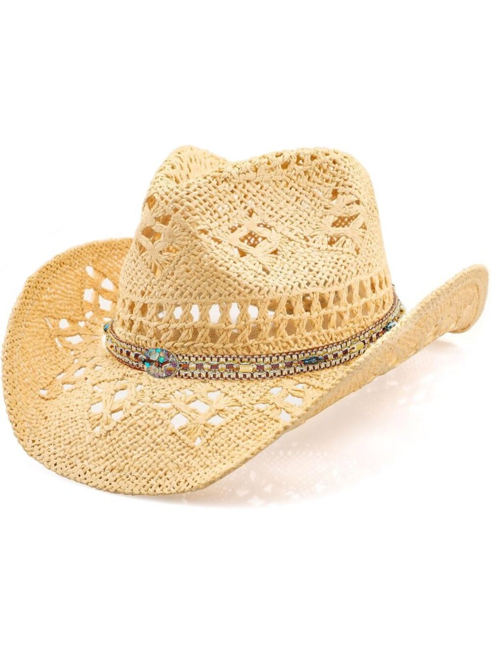 Men's Beige Elastic closure Straw Wide Shapeable Brim Cowgirl Cowboy Hat